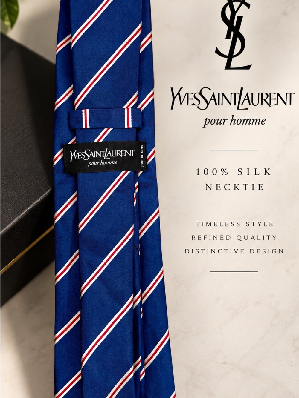 Yves Saint Laurent Navy Blue Silk Tie with Red and White Stripes